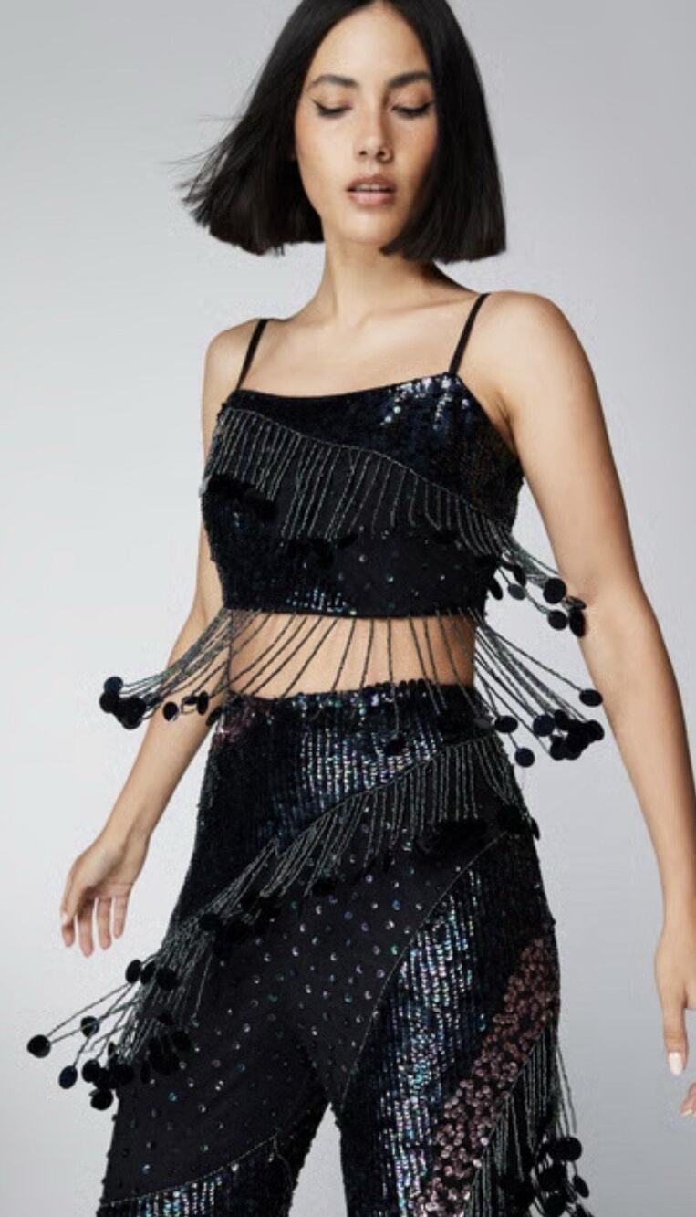 Nasty Gal Disc Sequin Tassel Beaded Crop Top US 4